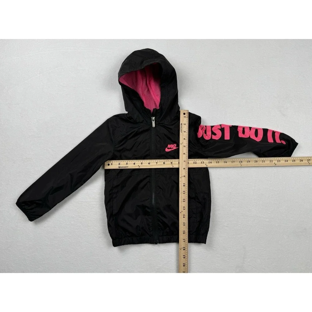 Nike Windbreaker Jacket Kids Size 6 Black Pink Just Do‎ It Full Zip Hooded